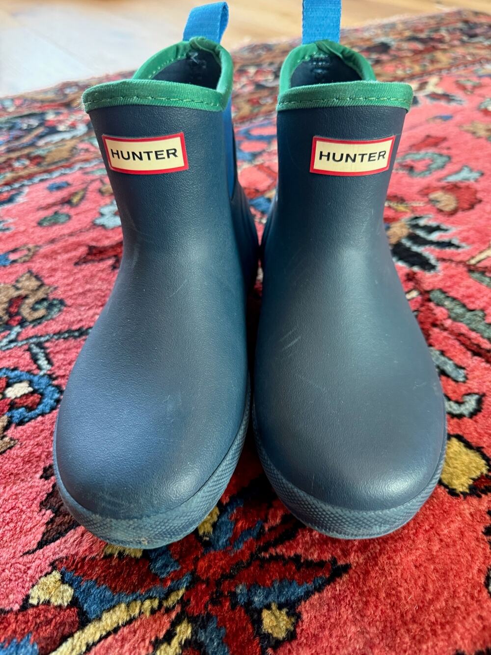 Hunter Finley Pull on Rain Boots Big Kids Size 1 Navy Blue Green Waterproof